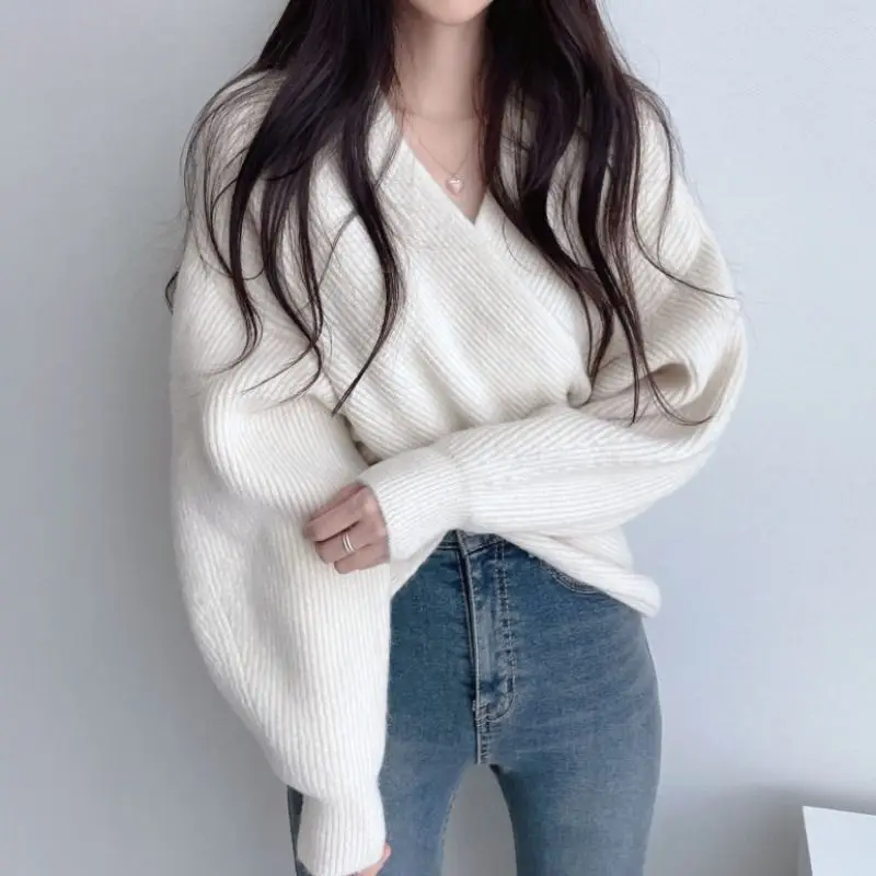 Fashion Cross Knitting Pullover for Women Spring Autumn Winter Korean Chic Solid Color Long Sleeve Sweater 2024 New Knit Tops