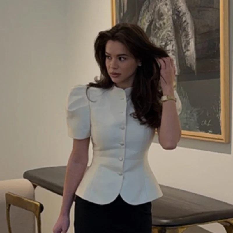 Women's Fitted Waist Puff Sleeve Blouse Stand Collar Button Front Peplum Top Stretchy Fabric Female New Date Commuter Blouse