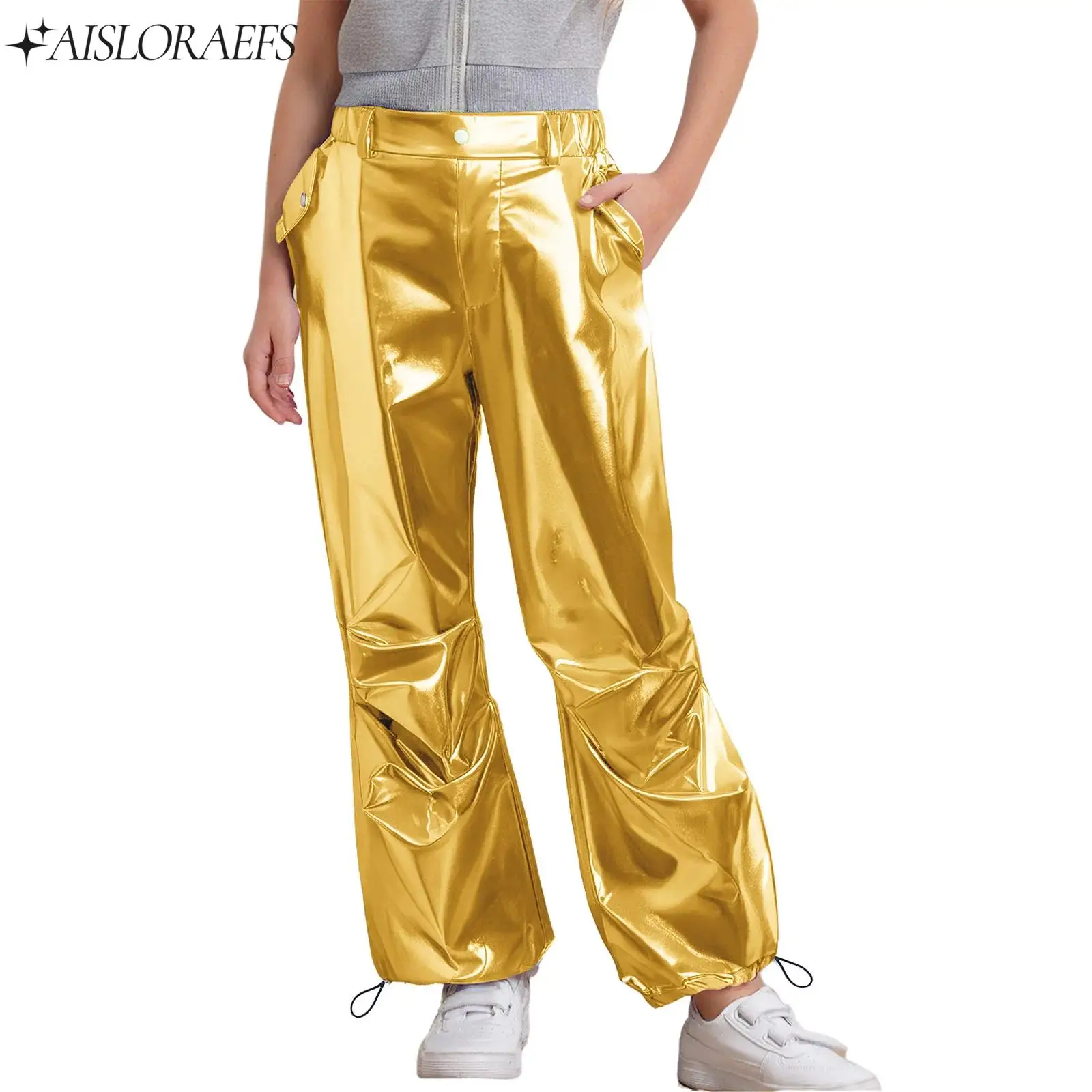

Kids Girls Metallic Cargo Pants Fashion Children Drawstring Leg Opening Trousers Teens Hip-Hop Pants Street Jazz Dance Costumes