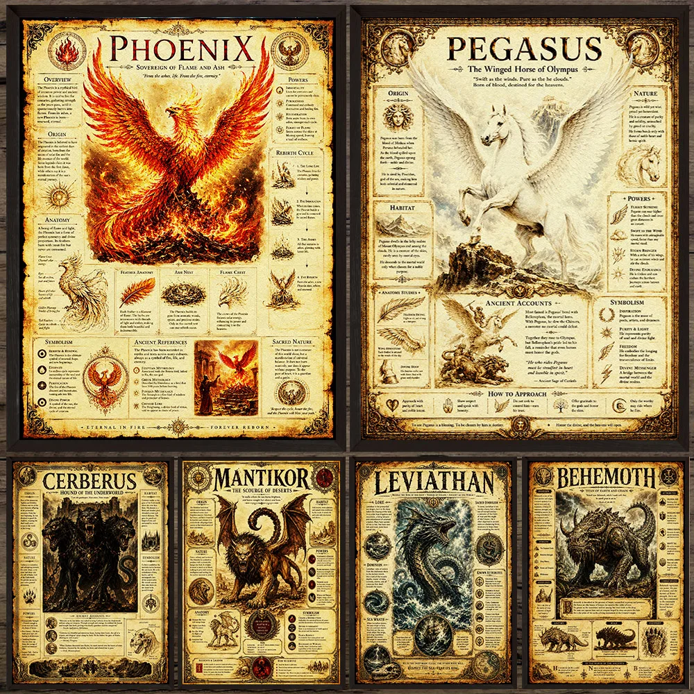 Vintage Mythical Creature Chart Canvas Print Phoenix Pegasus Cerberus Leviathan Antique Monster Knowledge Poster Gothic Poster