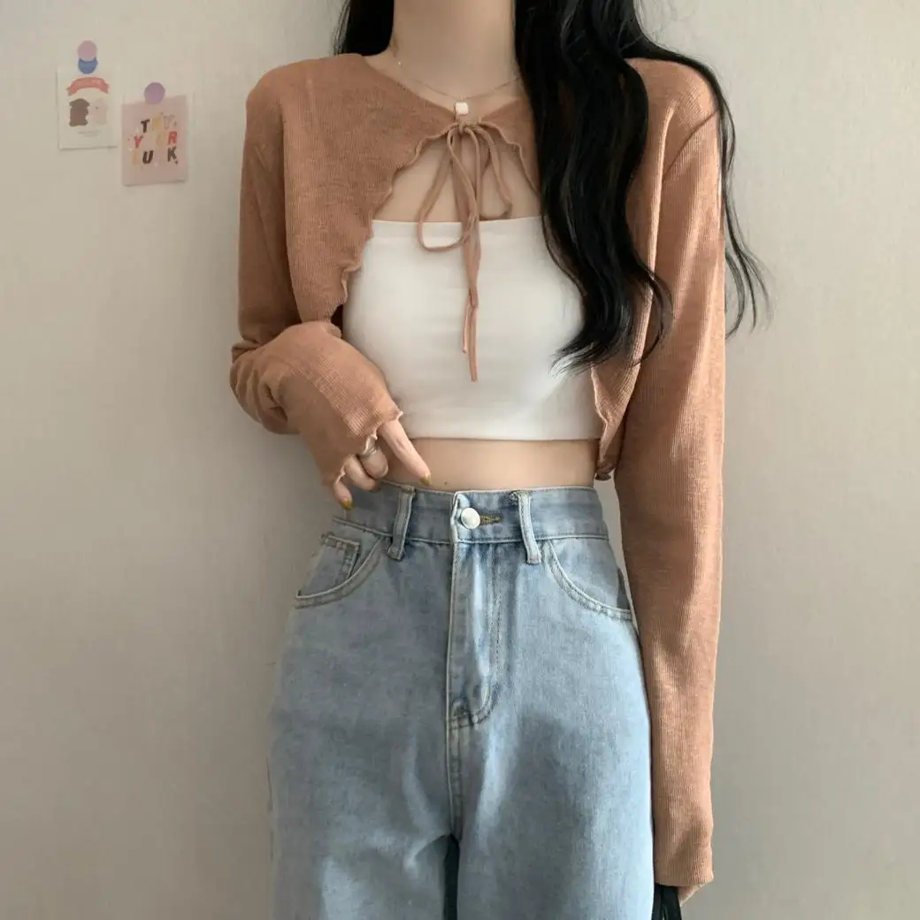 Summer Short Cardigan Women Long Sleeve Thin Open Stitch Knitted Sweater Shirts Female Solid Shawl