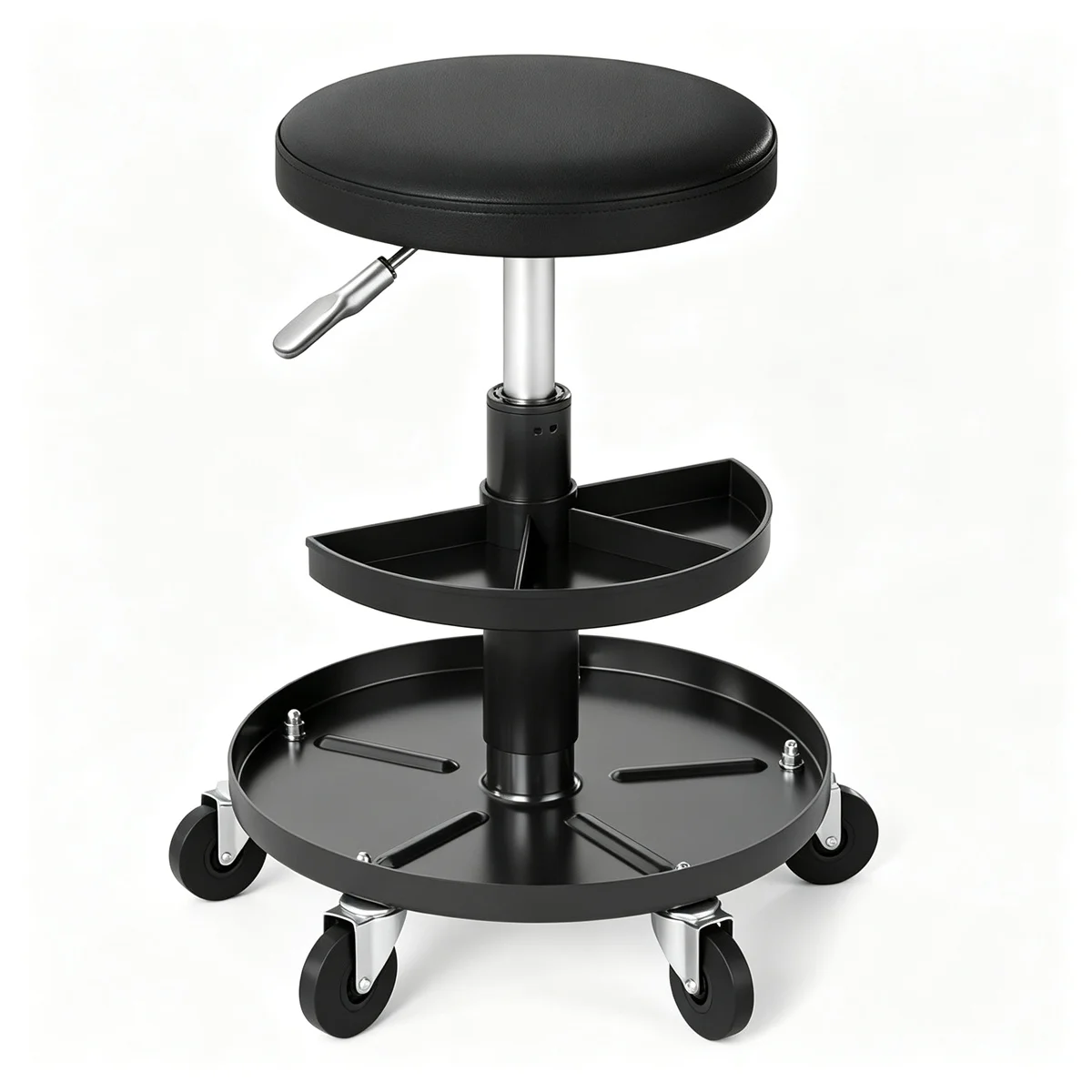Black Adjustable Rolling Mechanic Stool with 2-Tier Tool Storage Trays, PU Leather Pneumatic Height Adjustable Workshop Seat with 5 Casters Holds 265LBS for Garage Repair