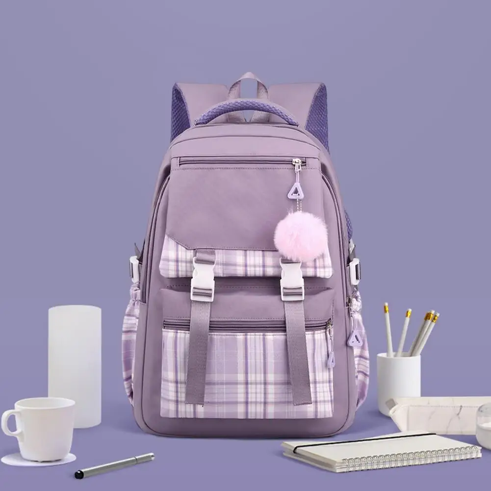 Laptop Backpack with Back Support Plaid Print Student Backpack with Plush Ball Pendant Capacity Multi Compartments for Pupils