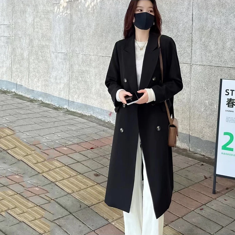 Black Long Trench Coat Women Korean Elegant Office Lady Double Breasted Blazer Jacket Y2K Streetwear All Match Windbreaker