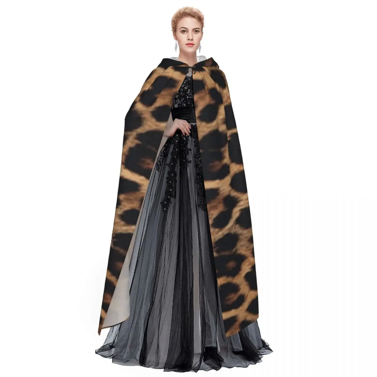 Leopard Print Long Hooded Cloak Witch Medieval Costume Cosplay Cape HalloweenParty Adult Unisex