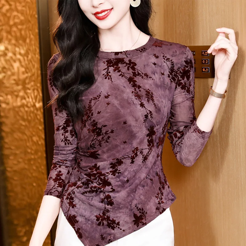 New 2025 Spring Long Sleeved O-Neck Flocking Women's T-Shirt Elegant Slim Irregular Printed Base shirt M-3XL Mesh Tees Tops