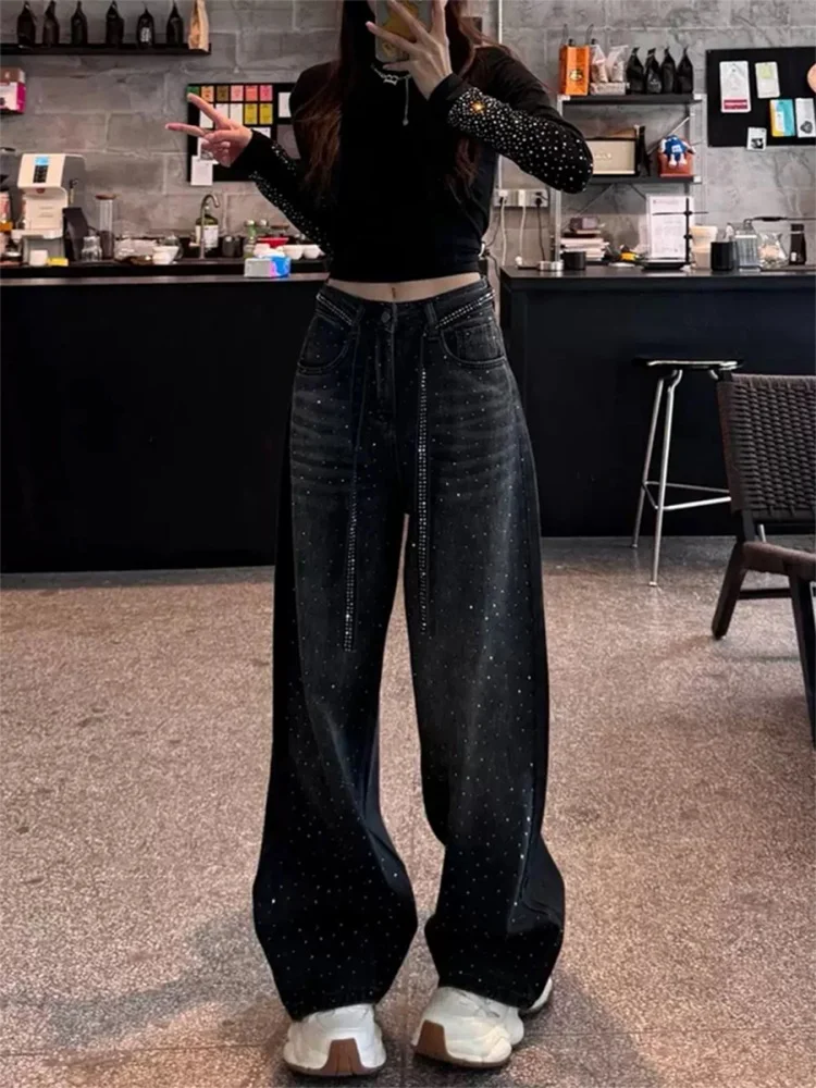 Grande taille américain Sle strass Denim taille haute jambe droite pantalon large pour poire aped femmes automne tenue décontracté