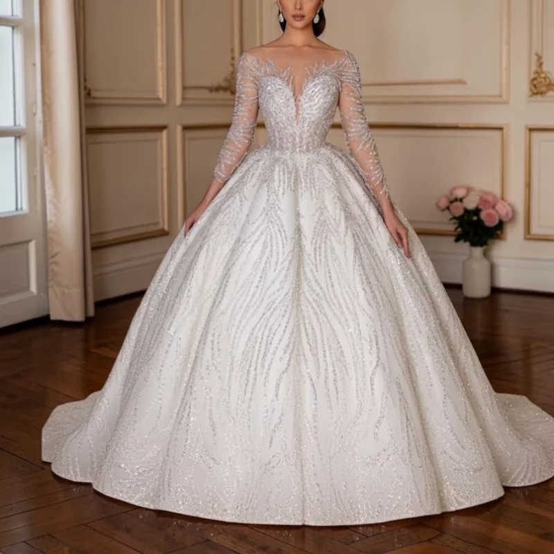 

Свадебное платье на заказ с пышной юбкой, атласное, с глубоким V-образным вырезом, длинными рукавами, вышивкой бисером, открытой спиной и шнуровкой, Vestido De Novia