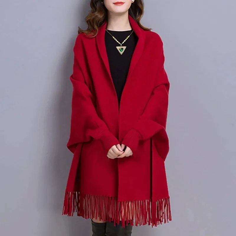 2024 New,Stylish Tassels Cape Cardigan Shawl Jackets,For Women\'s Clothes,Elegant Long Sleeve Cloak Shawl Poncho Coats,Female Top