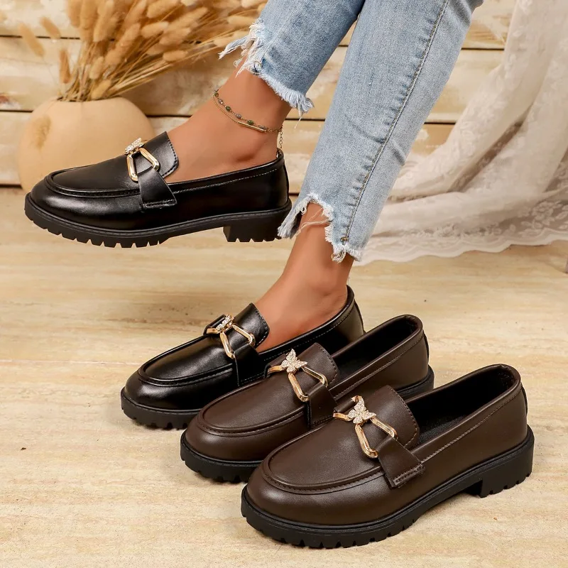 Spring Autumn New Retro Solid Casual Women Shoes 2026 British Style Metal Decor Round Toe Thick Soled Comfortable Women Shoes