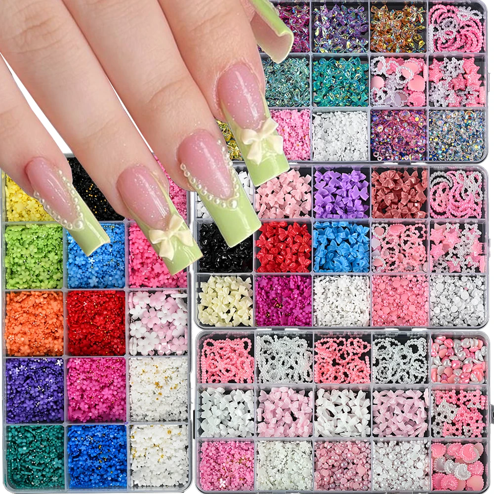 

15Grids(+Tools) Colorful Resin Flowers Nail Charms 3D Kawaii Bows, Love, Pearl Nail Accessories Kit Mixed Ribbon Bowknot y2k DIY