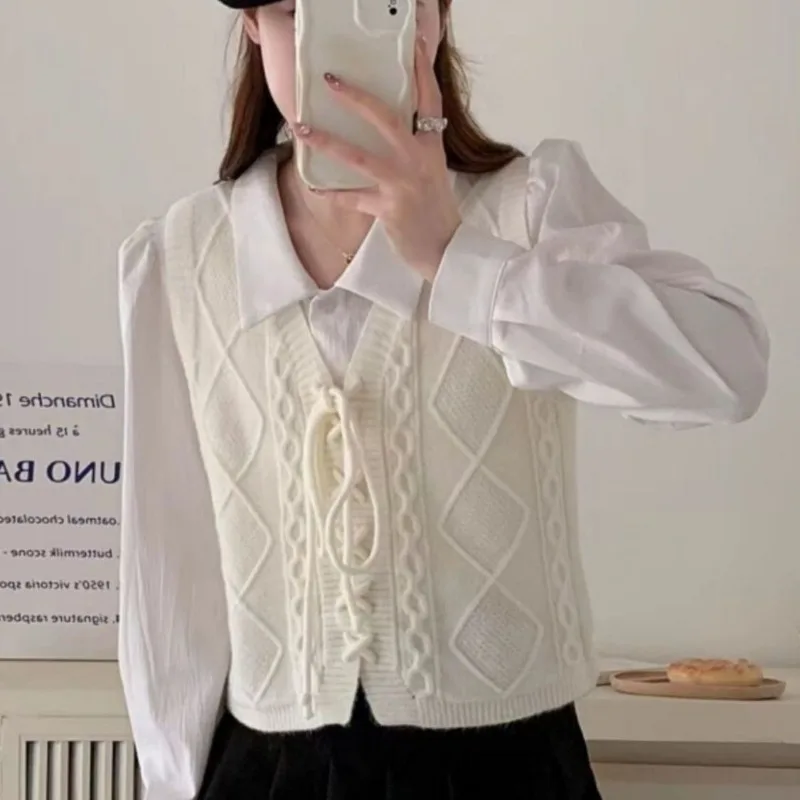 

Сплошной цвет, винтажный вязаный жилет с v-образным вырезом и завязками, короткий женский кардиган, топ 202, весна-осень, новая многослойная вязаная одежда