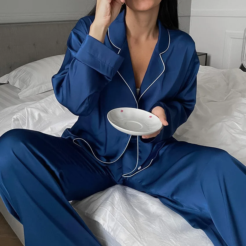 

Autumn Silk Satin Sleepwear Women's Pyjamas Long-sleeved Trousers Solid Color Home Wears 2Pcs Nightwear Loose Comfortable