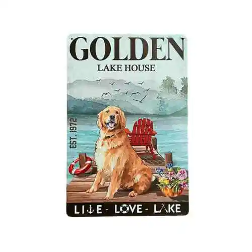 Retro Golden Retriever Dog Lake House Live Love Metal Tin Sign Vintage Style
