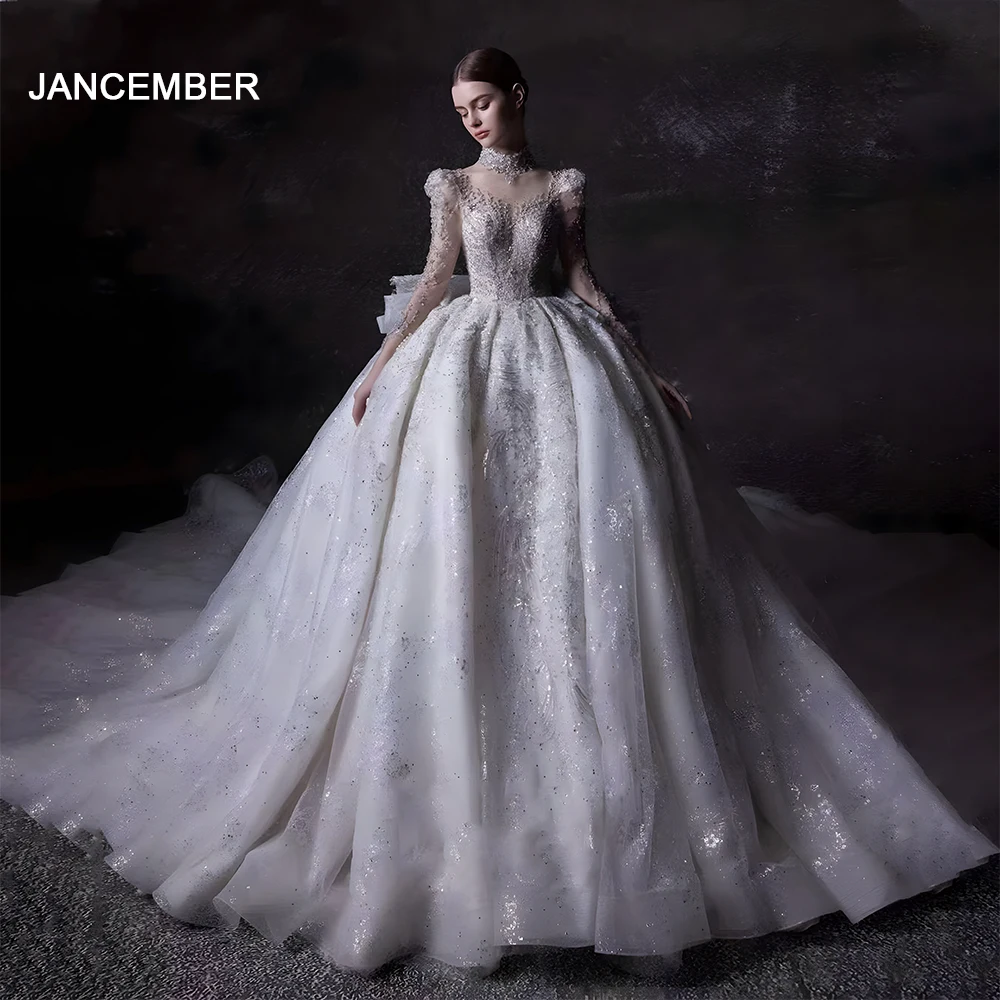 Jancember O-Neck Full Sleeves Chapel Train Backless Bow Button Illusion Luxury Wedding Dresses For Women Suknia ślubna LSHT002