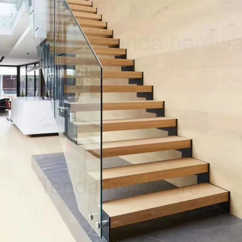 custom.New Style Design Straight Stairs Interior Staircase With Wood Tread and Glass Railing