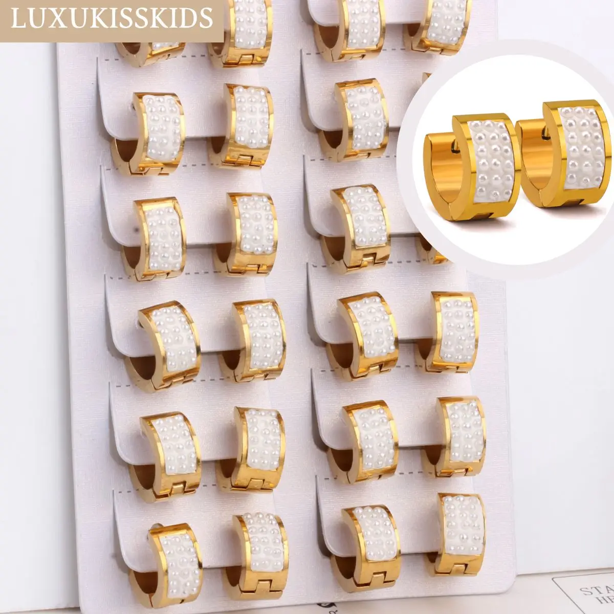 

LUXUKISSKIDS Fake Pearl Earrings Hoop Korean Fashion Steel Round Earings For Woman/Girls Small Huggie Clips 12pcs/Lots Jewelry