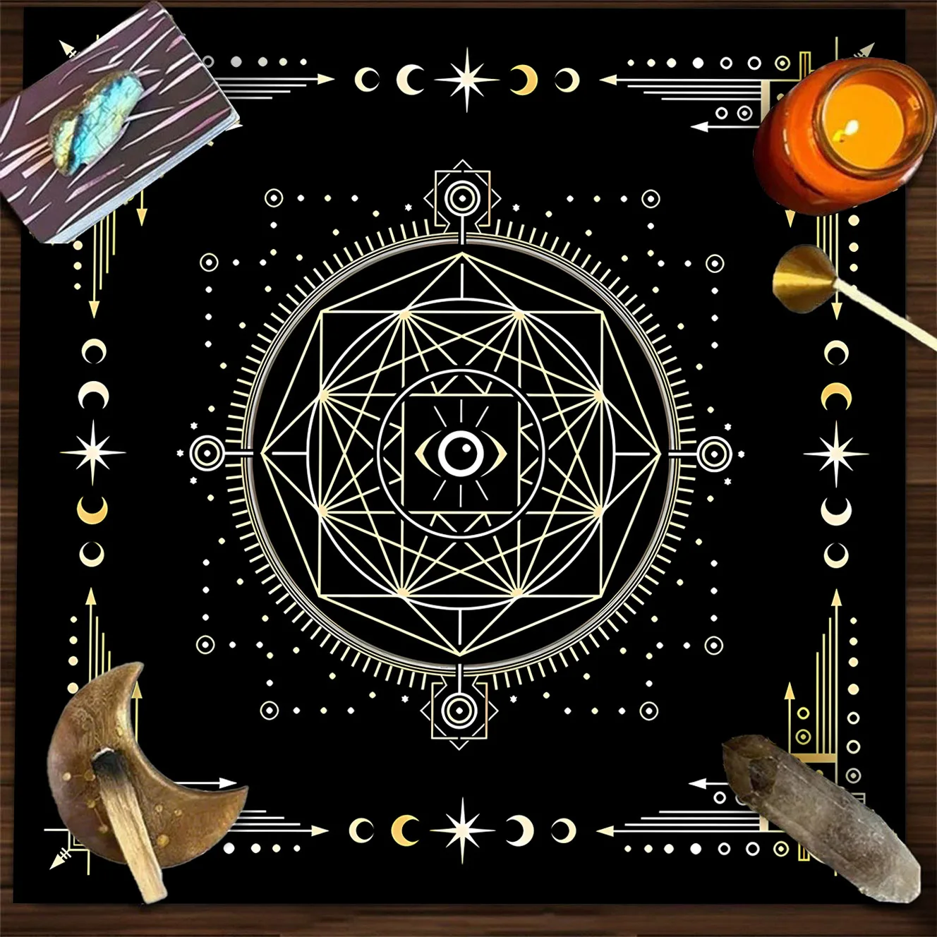 VIKAMA black gold sacred geometry metatron eye moon phase tarot reading cloth mystical divination altar cloth spiritual mat