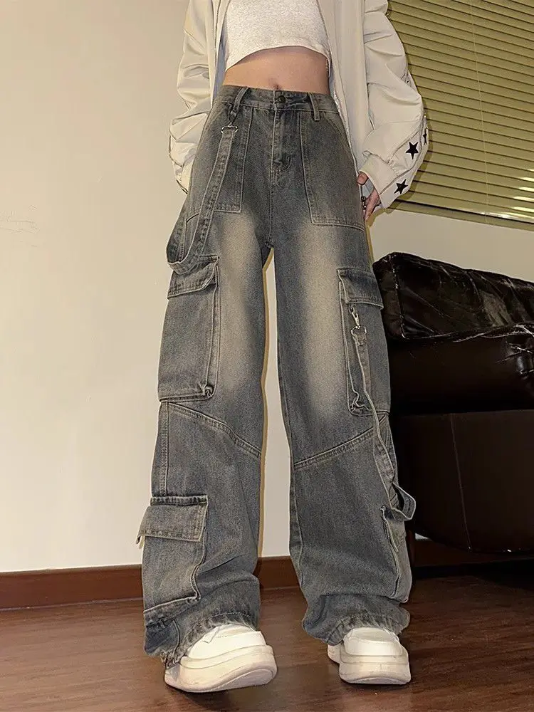 

American Retro Baggy Cargo Jeans Women High Waist Vintage Denim Pants Mutil Pockets Streetwear Wide Leg Trousers Pantalones