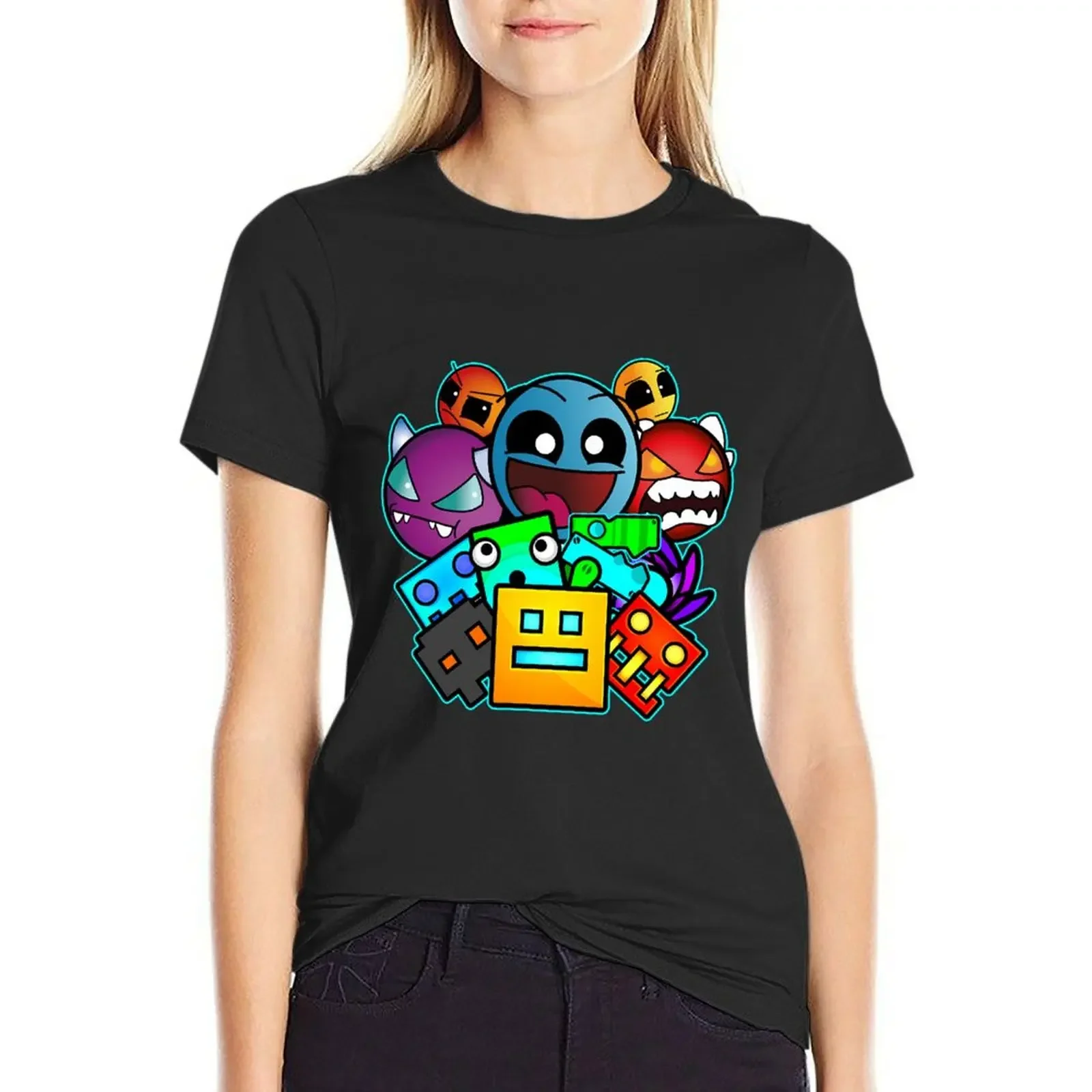 

geometry dash old school gaming T-shirt summer clothes cute tops summer blouses woman 2024