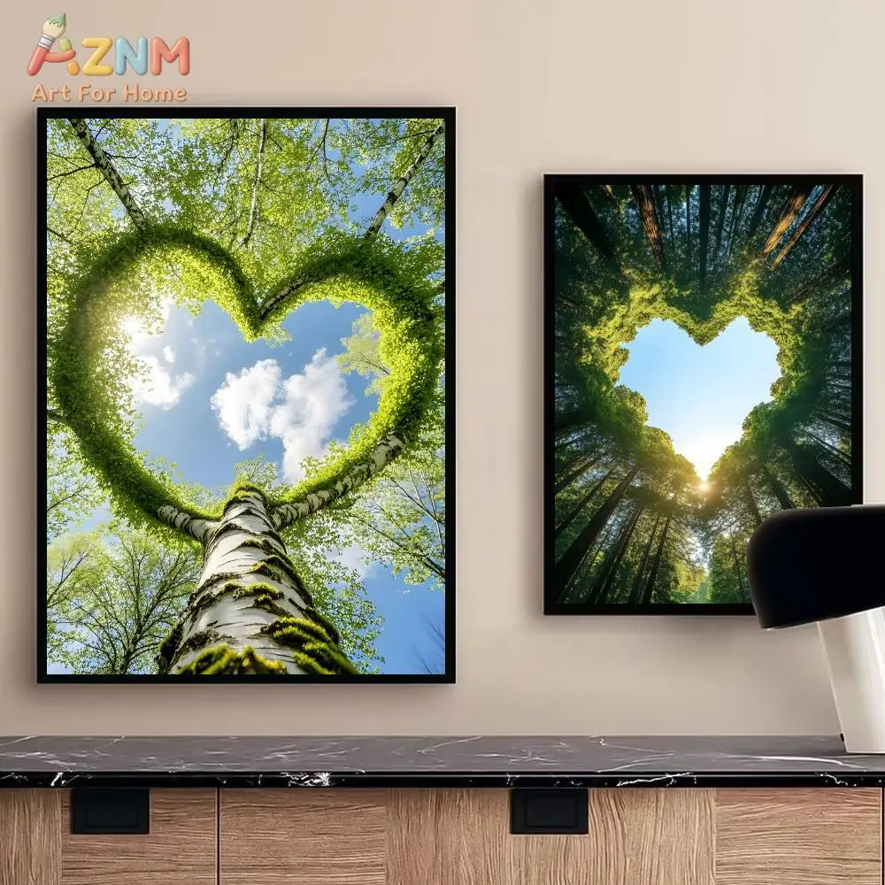 AZNM Romantic Nature Landscape Canvas Wall Art, Heart Shaped Tree & Red Rose Tulip Field Design Poster, Frameless Canvas Print,