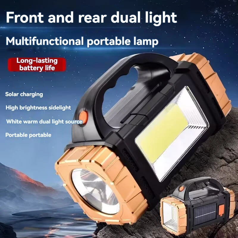 Solar Double Head Hand Light Outdoor Led Multi-functional Red And Blue Flashing Cob Side Light Emergency Flashlight Searchlight