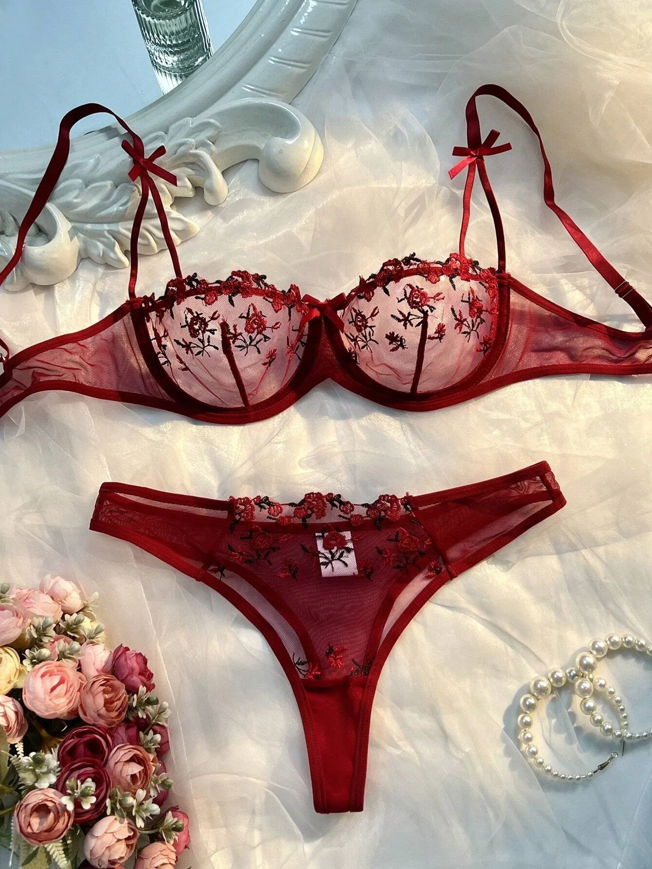 New Wine See Trough Lingerie Two Piece Set Thong Women Intimates Push Up Bras Everyday Embroidery Printing Bowknot Underwear image 2