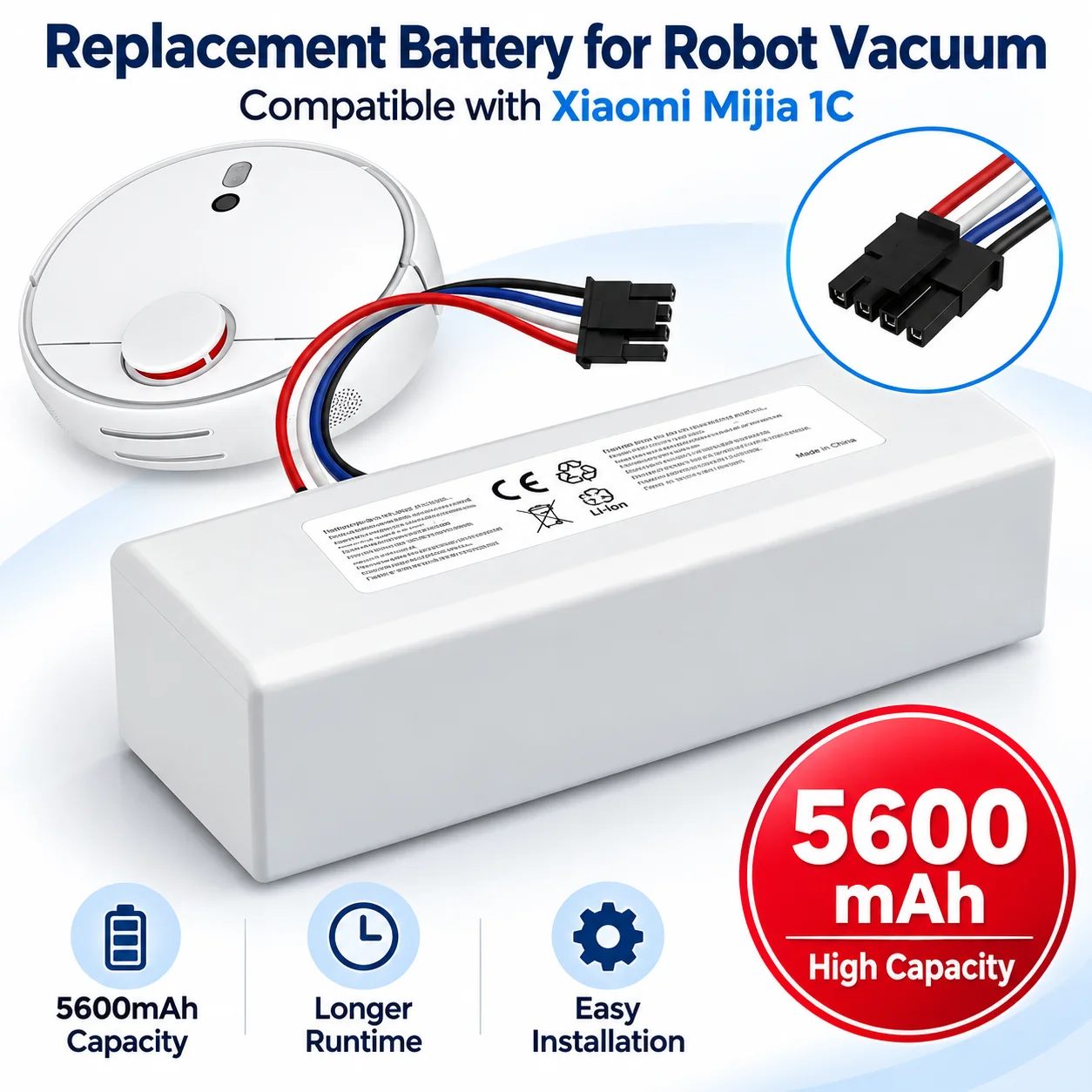 Batteria di ricambio agli ioni di litio da 14,4 V e 5600 mAh, compatibile con il robot aspirapolvere e lavapavimenti 1C STYTJ01ZHM, modello P1904-4S2P-MM, disponibile in magazzino nell'UE.