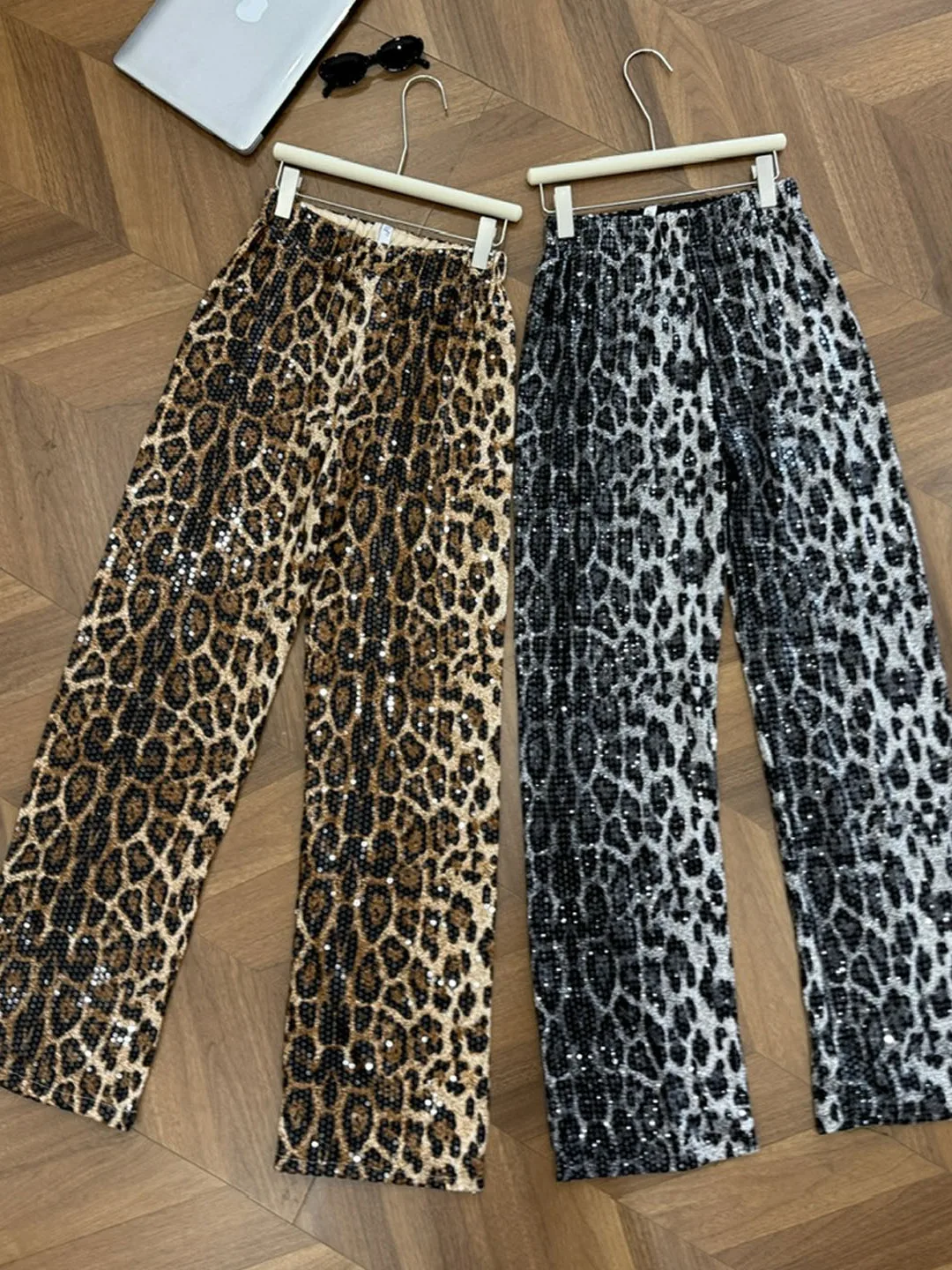 Summer Ultra Fire Leopard Print Wide Leg Pants Women's Retro Thin Material Straight Tube Floral Patterned Pants High Waist El...