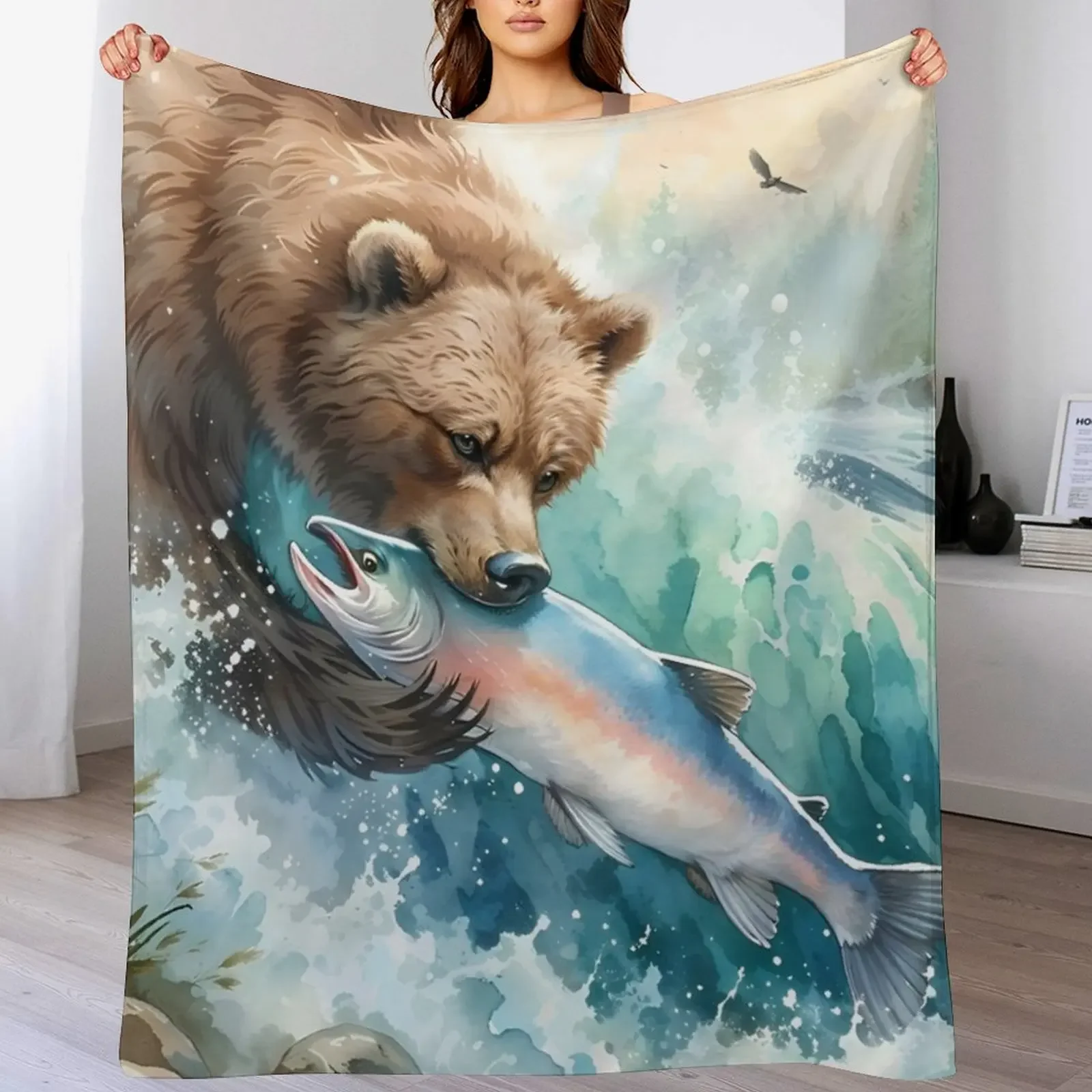 

Bear Hunting Salmon Throw Blanket Multi-Purpose Shaggy Bed Flannel Fabric Blankets