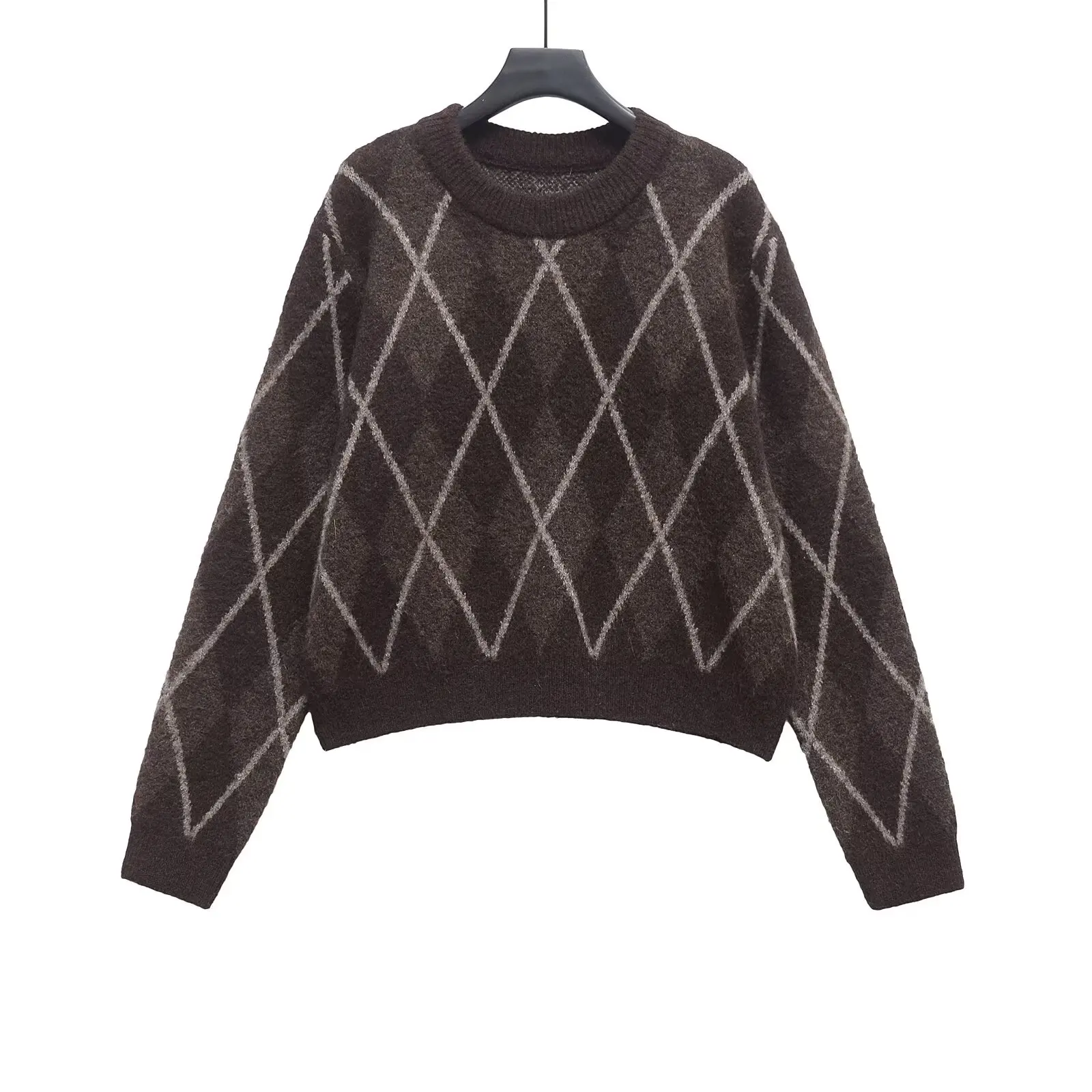 

European and American style new round neck pullover diamond pattern fashionable all-match knitted sweater