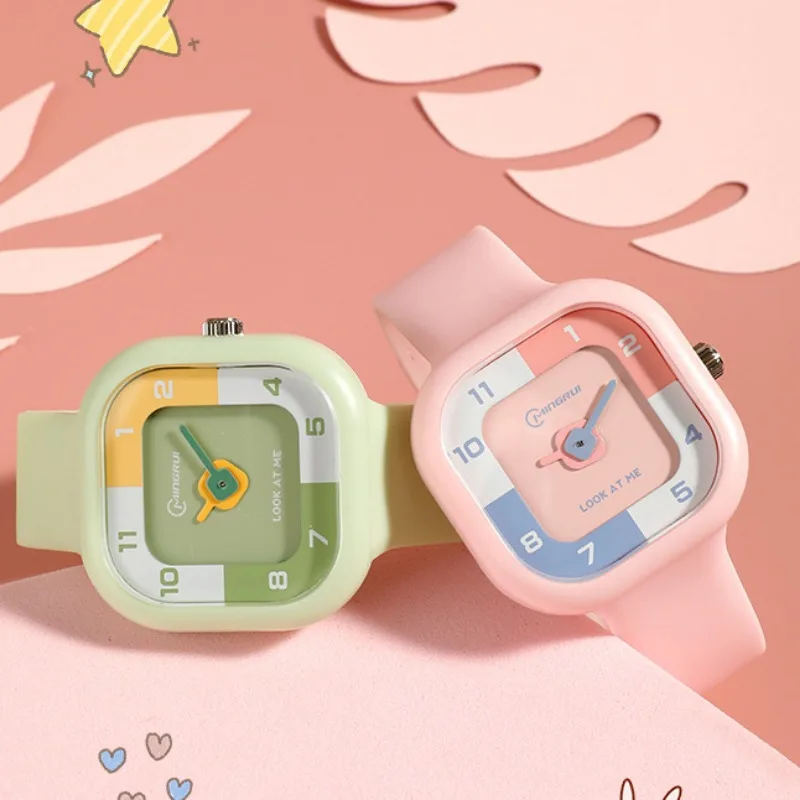 Square Students Watch Boys and Girls Simple 3 Bar Waterproof Sports Watches Silicone Strap Candy Color Creative Dial Kids Clock