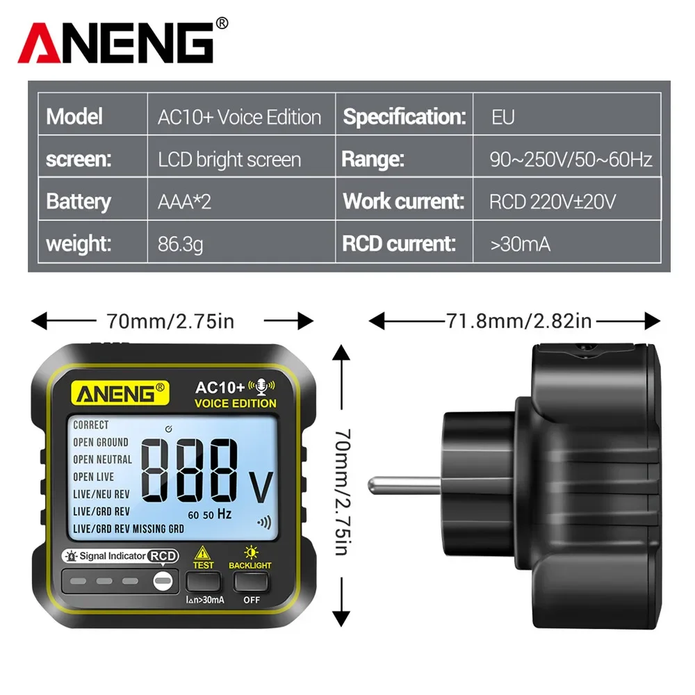 ANENG AC10 Socket Tester Plug Detector Zero Line Plug Polarity Phase Check Phase Detector US/EU Plug Multimeter Digital Tester