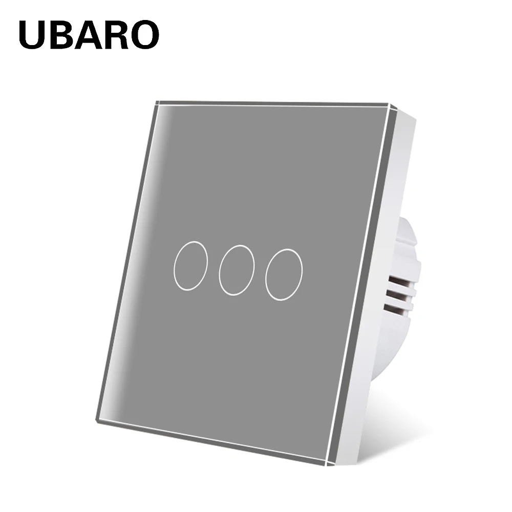 UBARO-Interruptor táctil de pared para mejorar el hogar, pulsador de 3 entradas estándar europeo de 220V, luz de fondo LED azul, Interruptor de