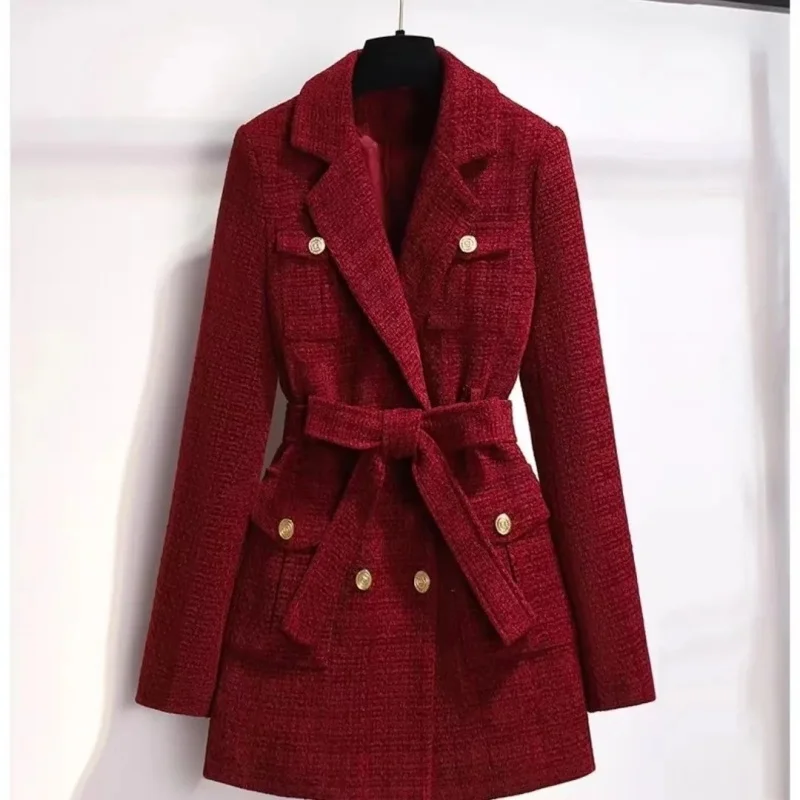 Winter Warm Padded Blazer Women's Red Wool Blend Coat 2025 Large Size Outerwear with Belt Casual Long Jacket W1387
