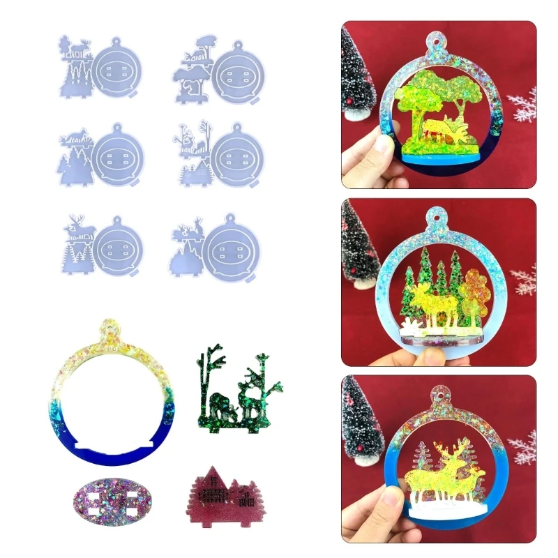 R3MC Crystal Epoxy Resin Mold DIY Christmas Pendant Silicone Mould Elk Round Shaped Casting Mold Hanging Ornament with Hole