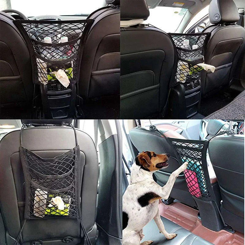 10X 3-Layer Car Mesh Organizer, Stretchable Seat Back Net Bag, Barrier Of Backseat Pet Kids, Cargo Tissue Purse Holder