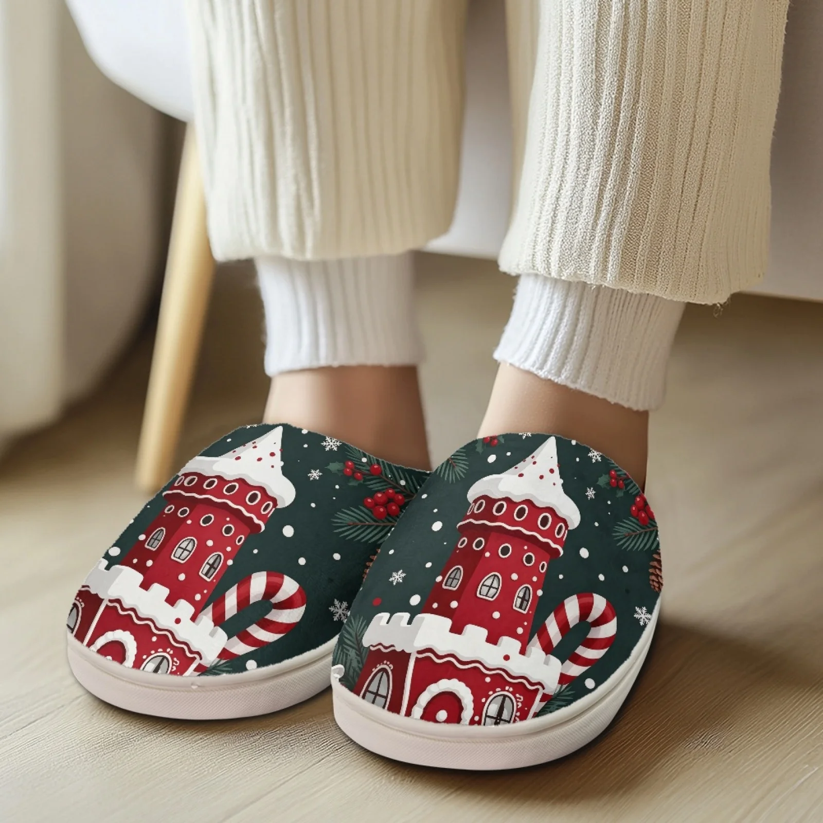 PENSTROLL Christmas Candy Castle Full Toe Plush Slippers Memory Foam Slipper for House Cozy Slides For Healthcare Workers
