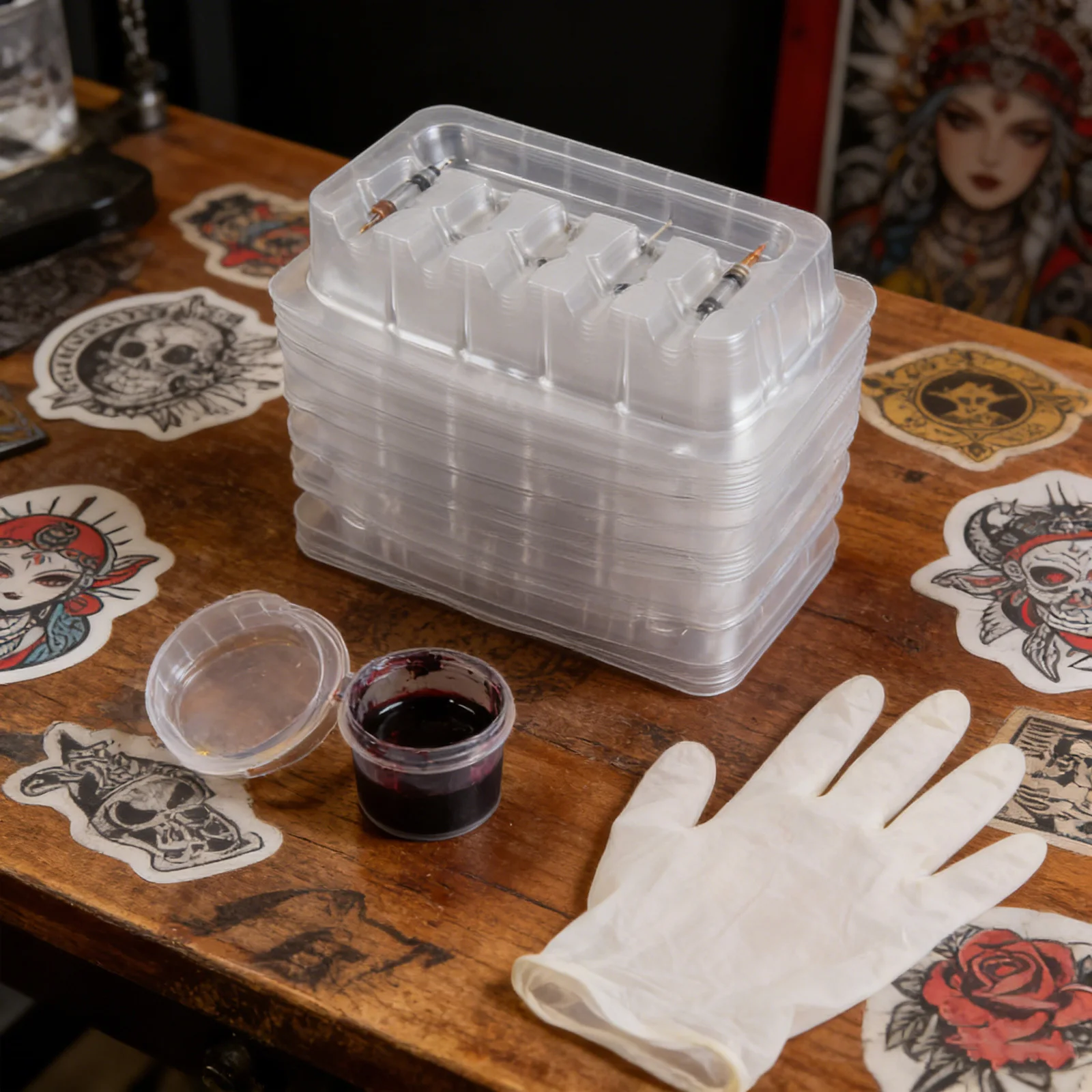 Bandeja de agujas todo en uno para tatuaje, soporte de tinta desechable para pigmentos, paleta de Microblading, bandeja organizadora de plástico grueso, 100 Uds.