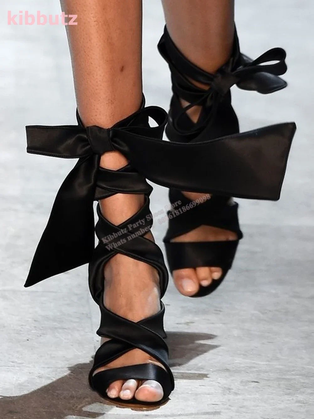 

Satin Lace-Up Sandals Bows Pointed Toe Thin Heels Cross Strap Solid Color Black Fashion Runway Show Sexy Elegant Party Shoes New