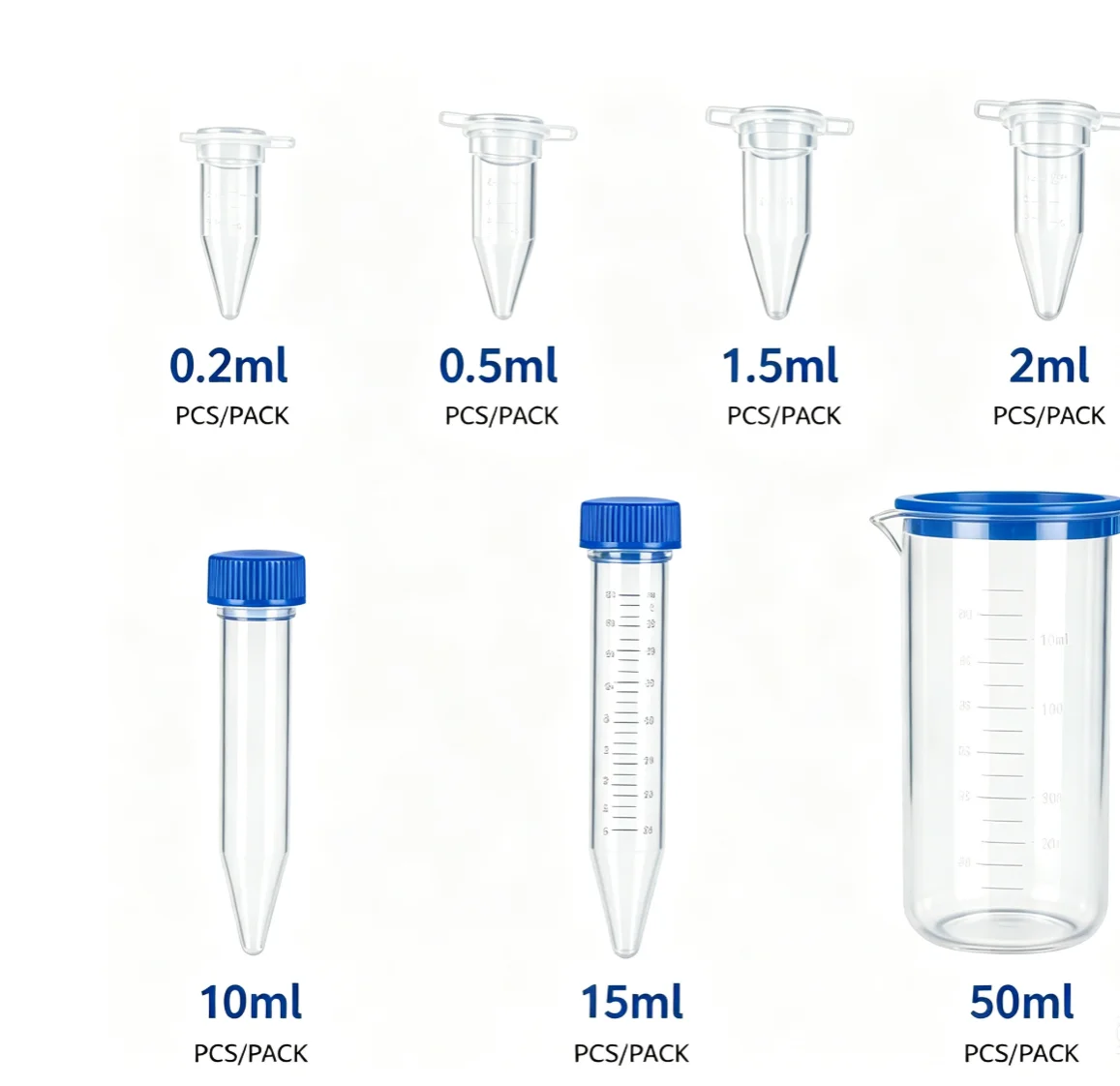 Plastic centrifuge tubes with flip caps in various sizes: 0.2ml, 0.5ml, 1.5ml, 2ml, 10ml, 15ml, 50ml, micro PCR tubes, for lab