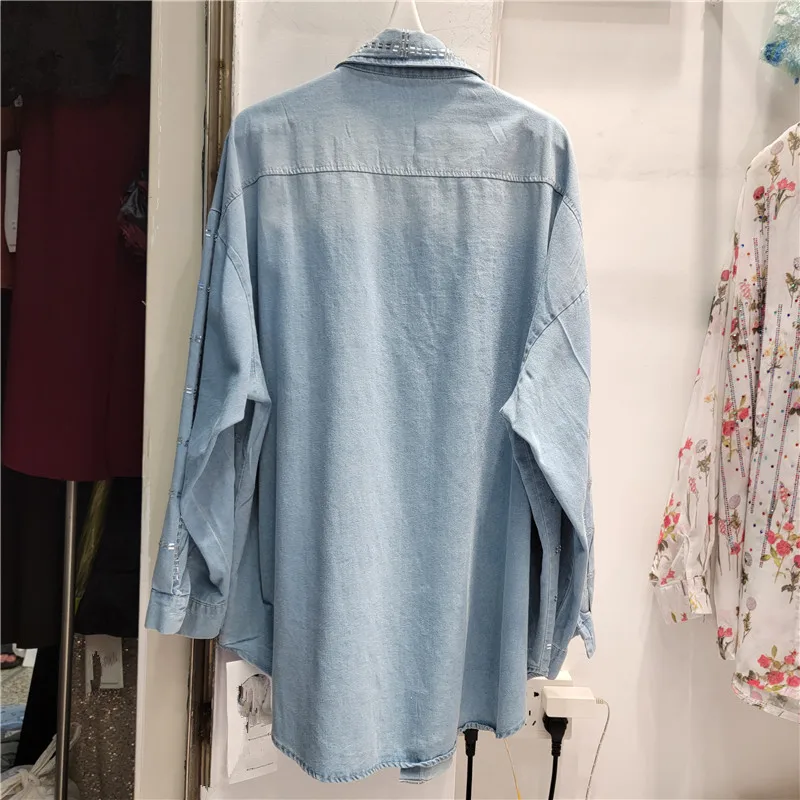 European Heavy Hot Drilling Denim Shirt for Women 2024 Autumn New Fashion Loose Long Sleeves Mid-Length Top Casual Shirts Coat