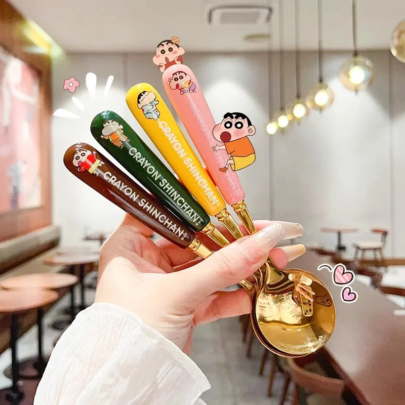 Kawaii Crayon Shin Chan Suit Fork Spoon Fork Cartoon Cute Family Kitchen Soup Anti Fall Stainless Steel Tableware Toys Girls