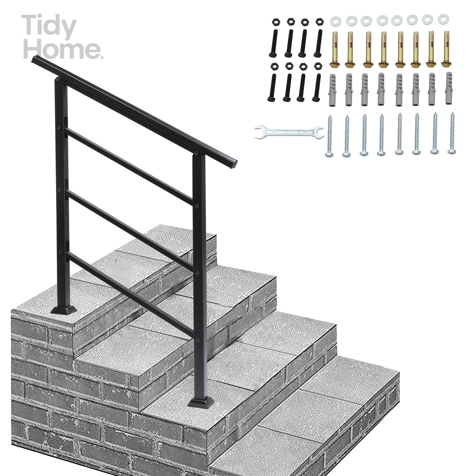 

Handrails for Outdoor Steps, Wrought Iron Handrail Fits 1 or 3 Steps, Transitional Handrail with Installation Kit, Black