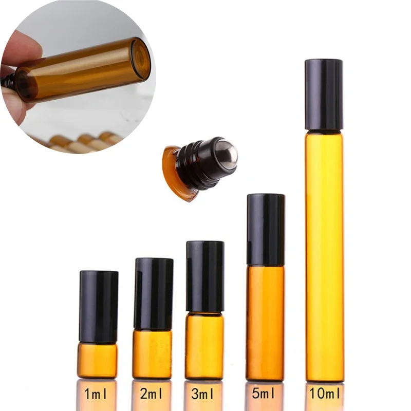 100Pcs/Lot Mini Roll on Essential Oil Bottles 1ml-10ml Refillable Roller Ball Bottle Brown Glass Bottles Empty Parfum Bottles