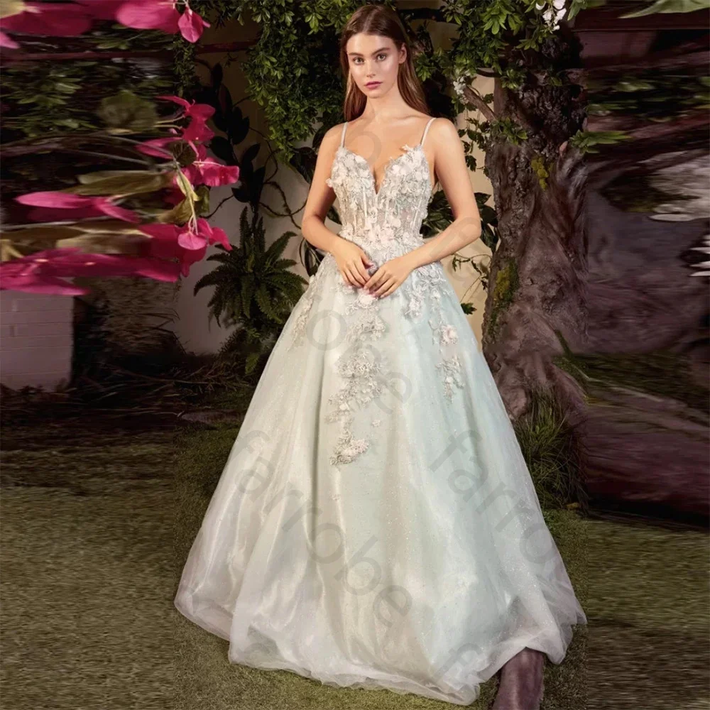 Maßgeschneiderte sexy Organza-lange Abendkleider mit V-Ausschnitt, handgemachte Blumenapplikation, A-Linie, bodenlang, rückenfrei, formelles Abschlussball-Partykleid