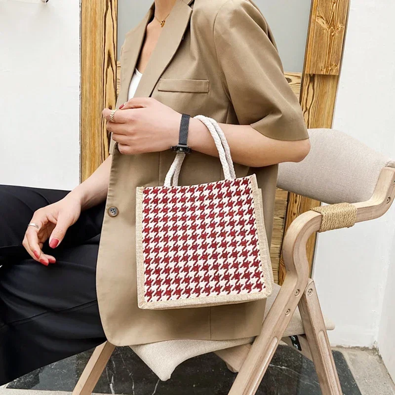 Borsa a tracolla singola in lino di cotone per studenti durevoli di moda Shopping Tote Check Plaid borse per la spesa in tela di lino femminile/BS