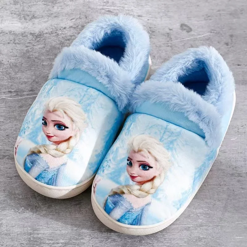 Disney Children Cotton Slippers Kids Girls Cartoon Frozen Elsa Print Autumn Winter Warm Princess Baby Indoor Bedroom Home Shoes