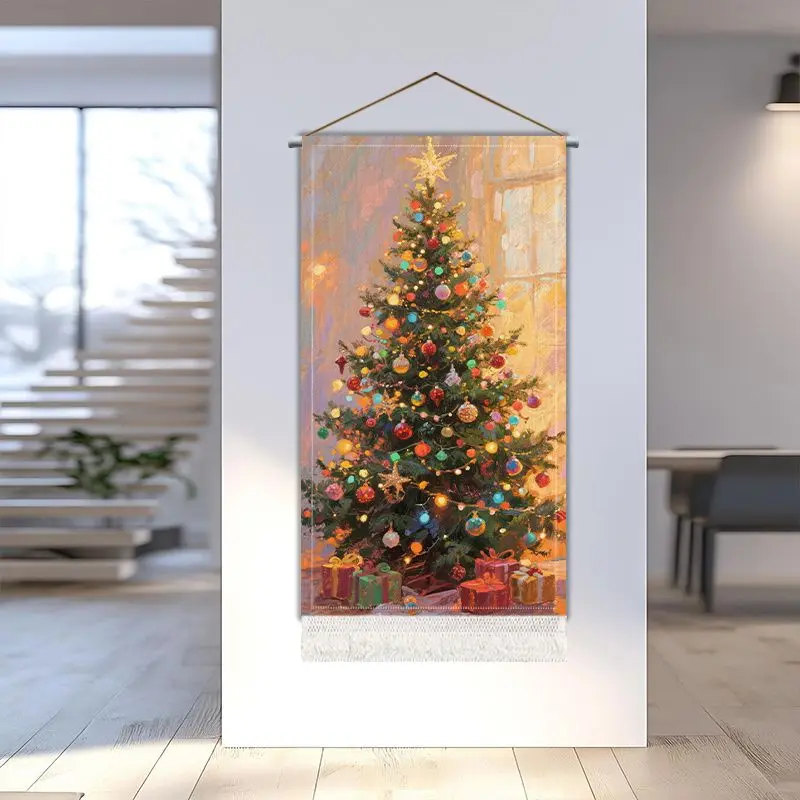 VIKAMA Oil Painting Xmas Tree Tassel Tapestry Christmas Gift Box High Definition Print For Living Room Bedroom Wall Decor