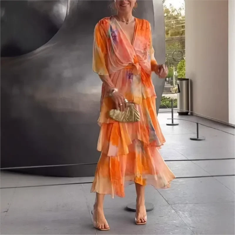 Verão novo elegante vestido de chiffon feminino moda impresso com decote em v manga curta em camadas plissado solto rendas saia longa